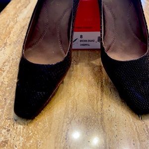 Aerosol ladies brown snake cheerful pump with heel rest design. Used